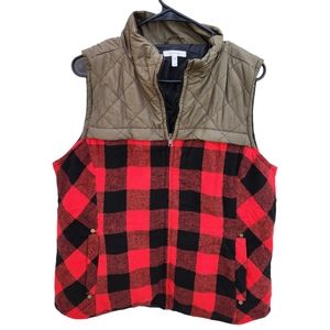 Maurices Quilted Olive & Red Black Buffalo Plaid Puffer Vest